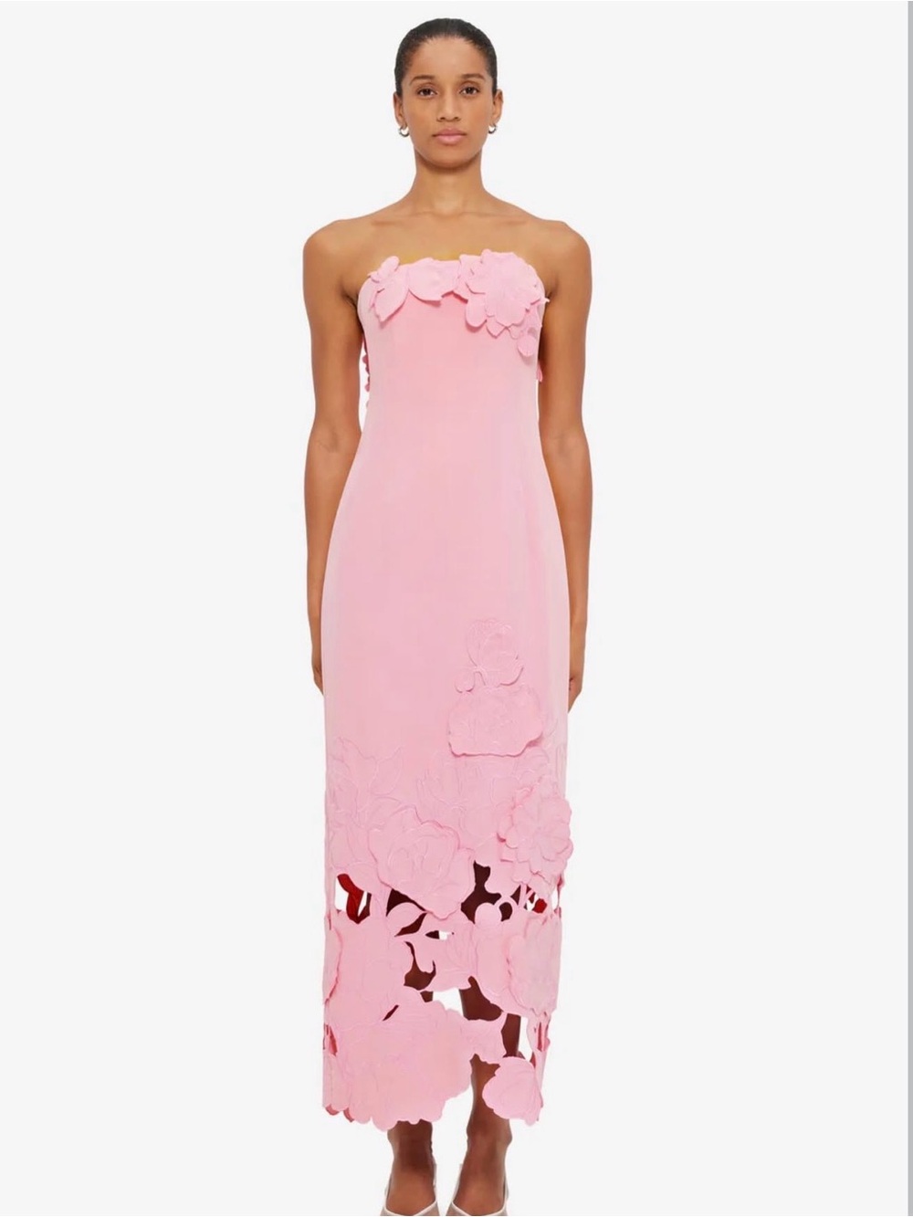 Strapless Pink Floral Appliqué Maxi Dress